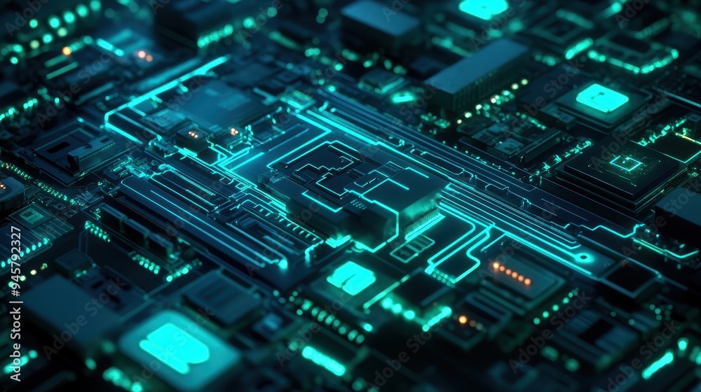 Abstract Futuristic Circuit Board with Glowing Green Lines. Abstract Futuristic Circuit Board with Glowing Green Lines.