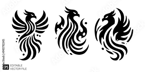 set of phoenix tribal tattoo graphic design vector clip art black and white silhouette templates