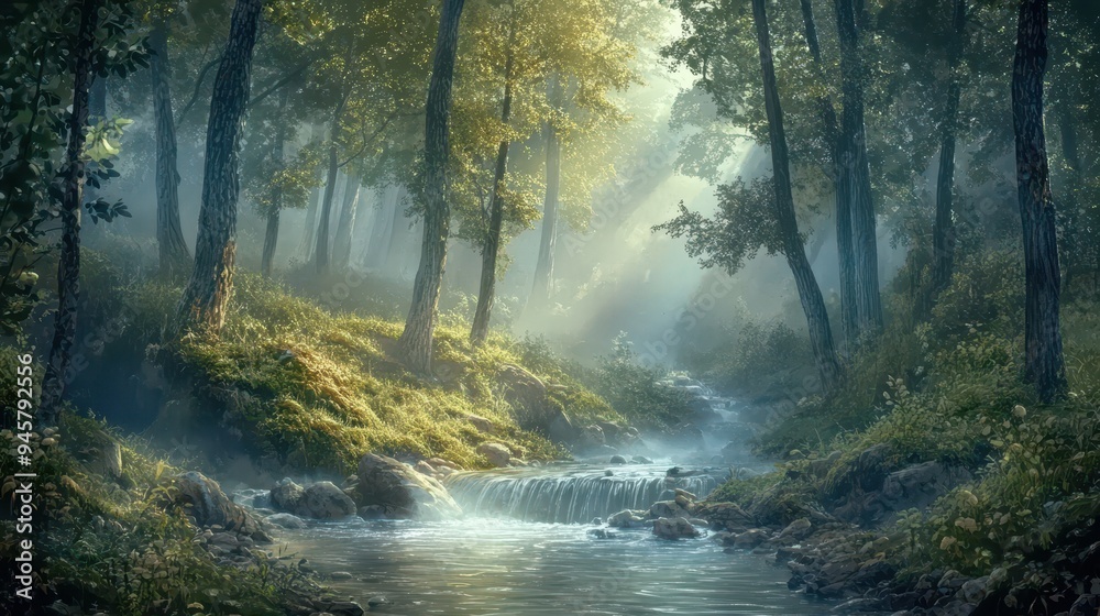 Obraz premium Enchanting Forest Stream with Sunlight and Mist - Magical Nature Scene.