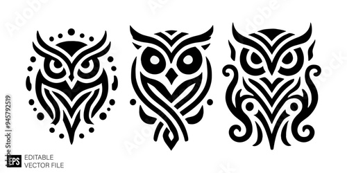 set of owl tribal tattoo graphic design vector clip art black and white silhouette templates