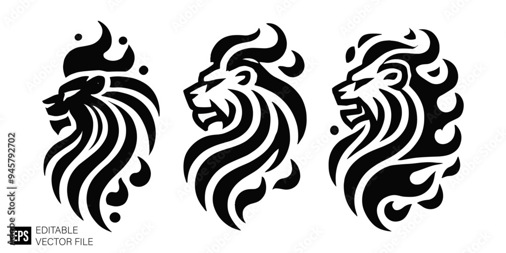 set of lion head graphic design vector clip art black and white silhouette templates set of lion head graphic design vector clip art black and white silhouette templates
