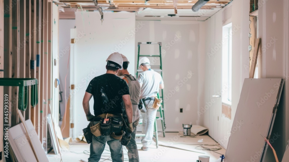 Construction workers diligently renovate a room, with tools and materials spread around, under the bright light filtering from the windows. Construction workers diligently renovate a room, with tools and materials spread around, under the bright light filtering from the windows.