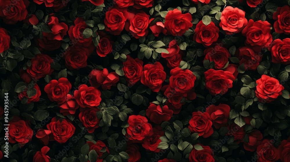 Aerial view of lush red roses creating a vibrant floral wallpaper pattern Aerial view of lush red roses creating a vibrant floral wallpaper pattern