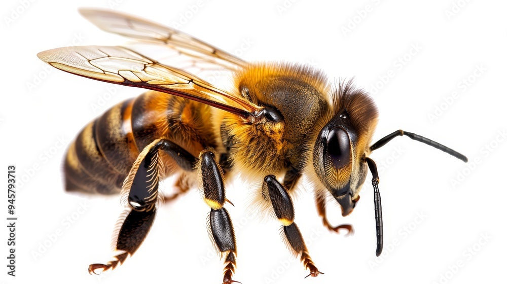 A detailed image of a honey bee with its wings spread, showcasing its intricate body structure, hairy thorax, and large compound eyes. The bee is isolated against a clean white background, creating a A detailed image of a honey bee with its wings spread, showcasing its intricate body structure, hairy thorax, and large compound eyes. The bee is isolated against a clean white background, creating a