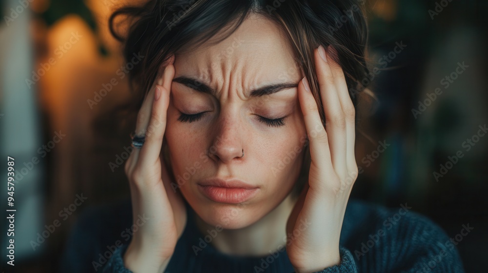 A young individual sits quietly with eyes closed and hands on their head, conveying feelings of stress and anxiety in a warm space. Generative AI A young individual sits quietly with eyes closed and hands on their head, conveying feelings of stress and anxiety in a warm space. Generative AI