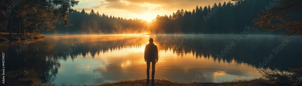 Fototapeta premium Serene Sunrise Over Misty Forest Lake with Silhouette of a Person Standing by the Water's Edge