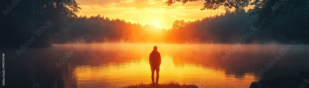 Serene Sunrise Over Misty Lake with Silhouette of Person Standing on Shoreline in Tranquil Forest Setting Serene Sunrise Over Misty Lake with Silhouette of Person Standing on Shoreline in Tranquil Forest Setting