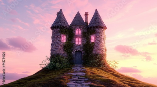 Stone Tower on a Hilltop at Sunset. photo