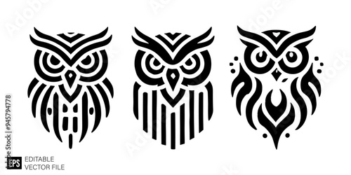 set of owl tribal tattoo graphic design vector clip art black and white silhouette templates
