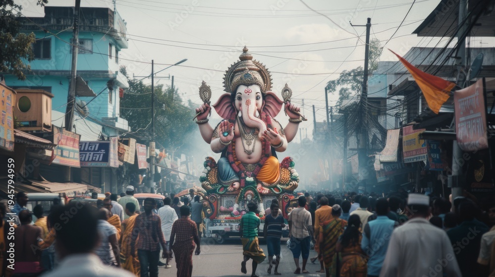 A bustling street adorned with a towering Ganesh idol during a vibrant festival, encapsulating lively spirit and cultural richness. A bustling street adorned with a towering Ganesh idol during a vibrant festival, encapsulating lively spirit and cultural richness.
