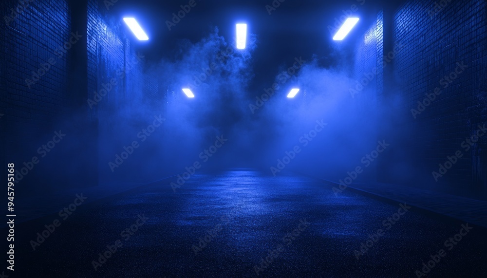 Dark Empty Street with Blue and Pink Neon Lights in Spooky Urban Setting Dark Empty Street with Blue and Pink Neon Lights in Spooky Urban Setting