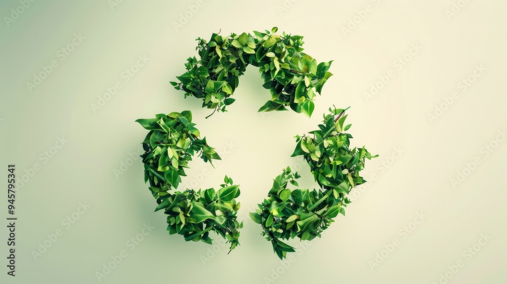 A recycling symbol, constructed from fresh green leaves, stands out against a cream-colored background. A recycling symbol, constructed from fresh green leaves, stands out against a cream-colored background.