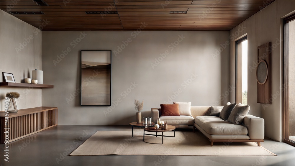 Minimalistic natural beige living room interior with beige sofa, potted plants and arched window. Soft natural light illuminates the space, casting light shadows on the walls. Minimalistic natural beige living room interior with beige sofa, potted plants and arched window. Soft natural light illuminates the space, casting light shadows on the walls.