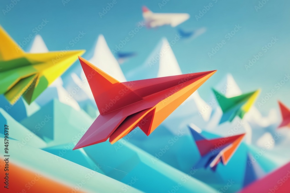 Colorful paper airplanes fly on a blue background