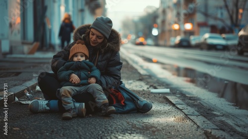 A woman and child, warmly dressed, huddle together on a city sidewalk, highlighting themes of family, hardship, and resilience. photo