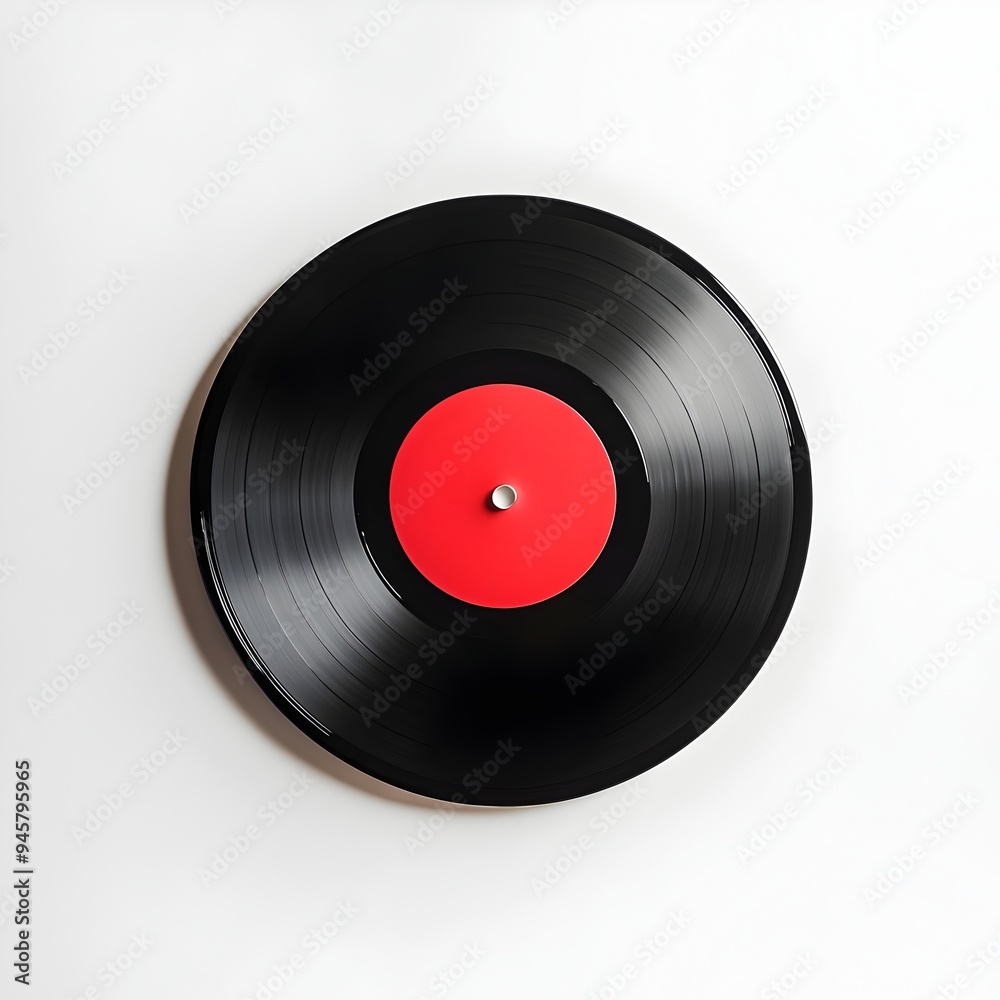 Classic Vinyl Record on White Background with Distinct Grooves and Vibrant Red Label Classic Vinyl Record on White Background with Distinct Grooves and Vibrant Red Label