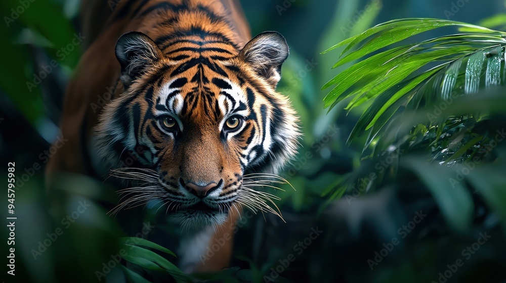Fototapeta premium A tiger prowling through the jungle with focused intent
