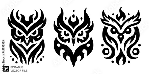 set of owl tribal tattoo graphic design vector clip art black and white silhouette templates