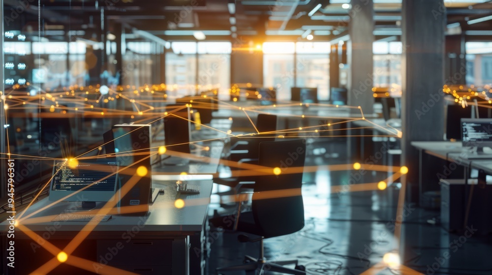 Fototapeta premium Modern office space, illuminated by warm, ambient lighting, interconnected with a digital network represented by glowing lines and nodes.