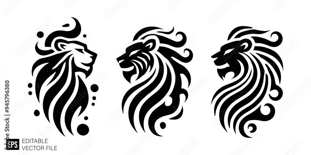 Fototapeta premium set of lion head graphic design vector clip art black and white silhouette templates