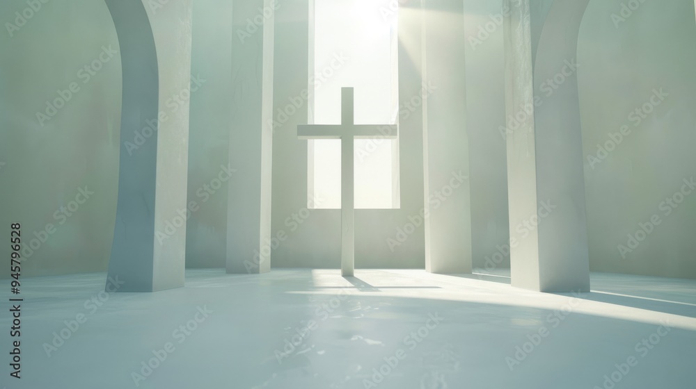 Naklejka premium A serene and minimalist chapel, bathed in soft light streaming through the windows, highlighting a single cross at its center.
