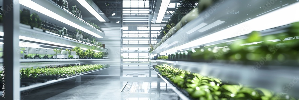 A futuristic view of a hydroponic farm housed within a building. Rows of leafy greens thrive under bright artificial lights, showcasing modern agriculture and sustainable practices. A futuristic view of a hydroponic farm housed within a building. Rows of leafy greens thrive under bright artificial lights, showcasing modern agriculture and sustainable practices.