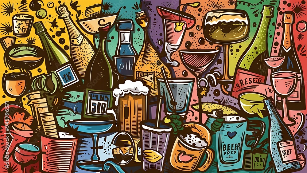 Obraz premium Set icons with wine champagne beer botlles, cups with drinks vector illustration