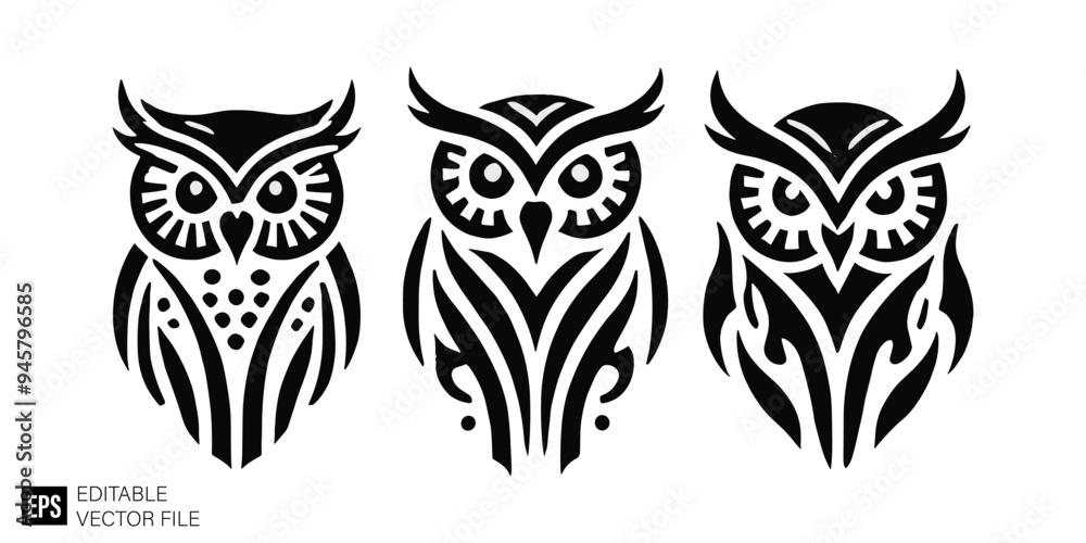 set of owl tribal tattoo graphic design vector clip art black and white silhouette templates set of owl tribal tattoo graphic design vector clip art black and white silhouette templates
