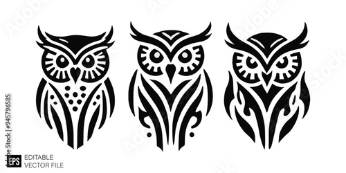 set of owl tribal tattoo graphic design vector clip art black and white silhouette templates