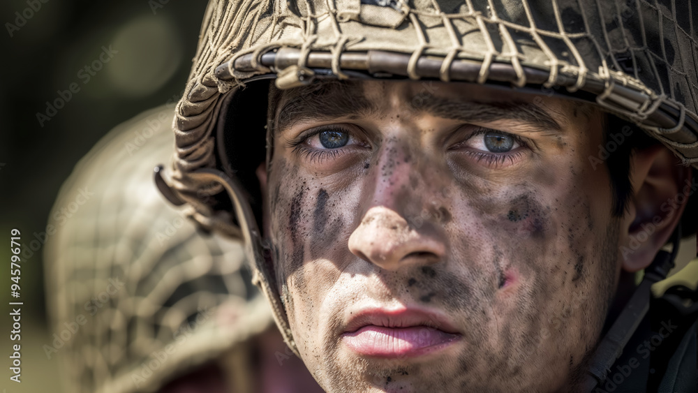 WWII soldier with intense gaze, helmet, and dirt-streaked face, reflecting determination and sacrifice. Veteran's Day themes honoring military courage and resilience. WWII soldier with intense gaze, helmet, and dirt-streaked face, reflecting determination and sacrifice. Veteran's Day themes honoring military courage and resilience.