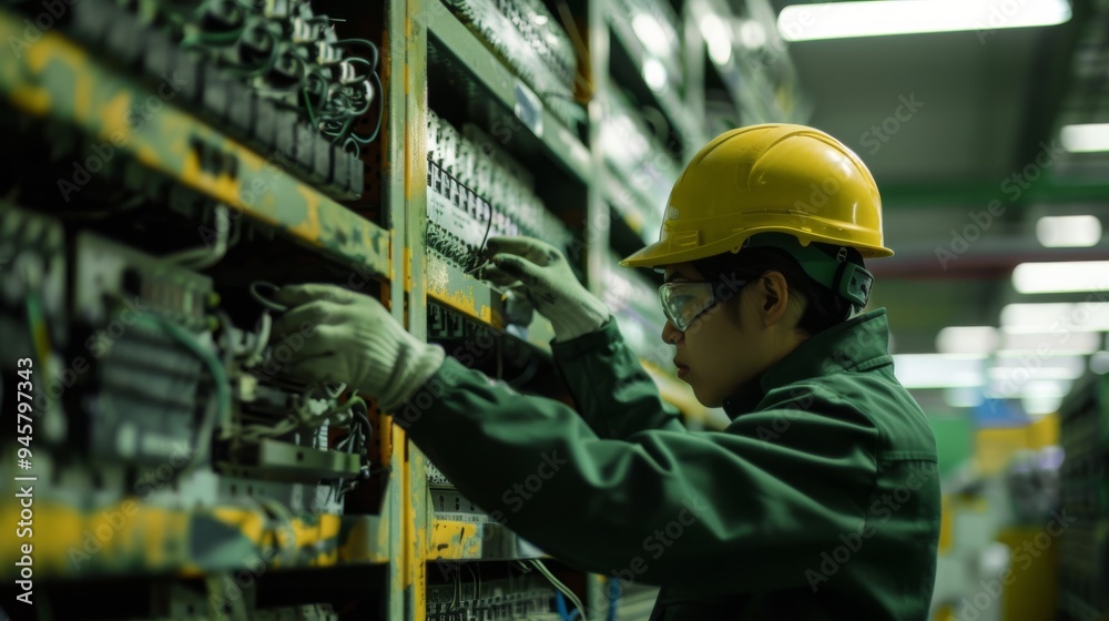 A worker in a green jumpsuit and yellow helmet operates complex machinery in an industrial setting, exemplifying focus and precision. A worker in a green jumpsuit and yellow helmet operates complex machinery in an industrial setting, exemplifying focus and precision.