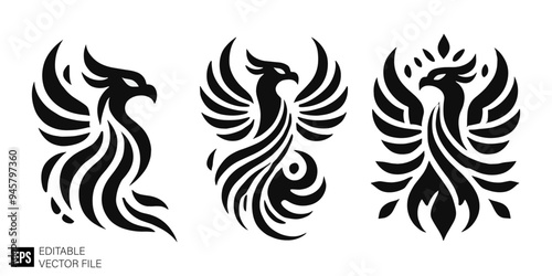 set of phoenix tribal tattoo graphic design vector clip art black and white silhouette templates