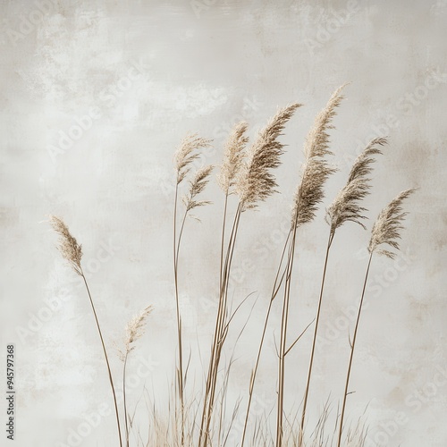 Dried Grass Against Beige Textured Background, Minimalist Natural Texture, Abstract Minimalism, Dried Pampas Grass.