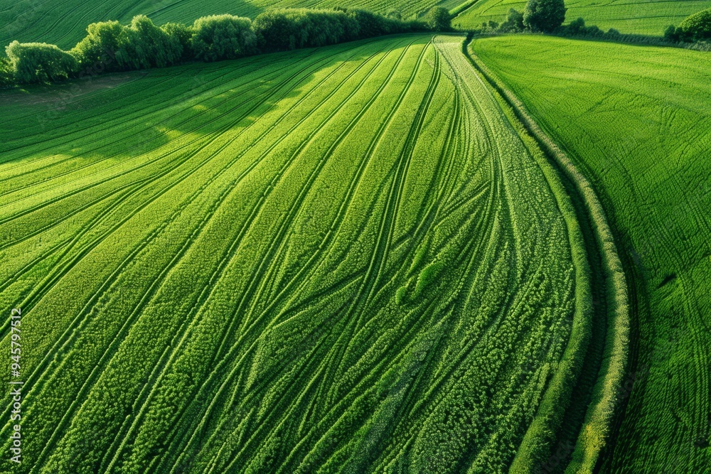 Fototapeta premium Vibrant green fields stretch endlessly. The flowing patterns create a sense of calm and beauty. Nature captures the eye with intricate lines and shades of green. Generative AI