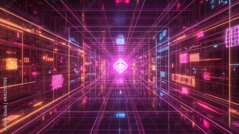 A neon grid with a message or symbol embedded within it, A neon grid with a message or symbol embedded within it,