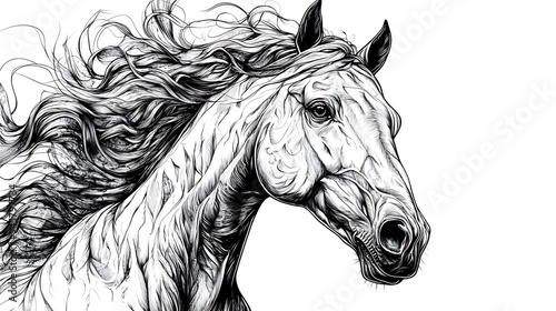 Black and white drawing of a horse's head with windblown mane. photo