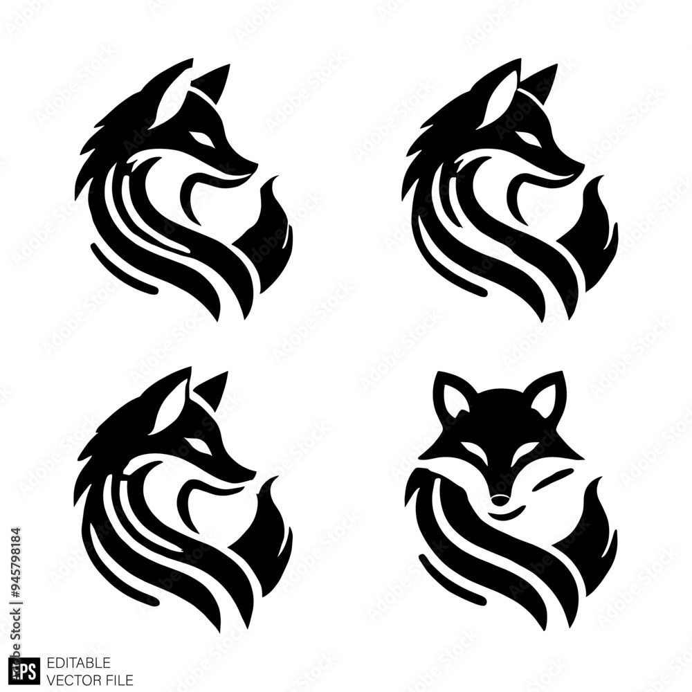 set of fox head logo graphic design vector clip art black and white silhouette templates set of fox head logo graphic design vector clip art black and white silhouette templates