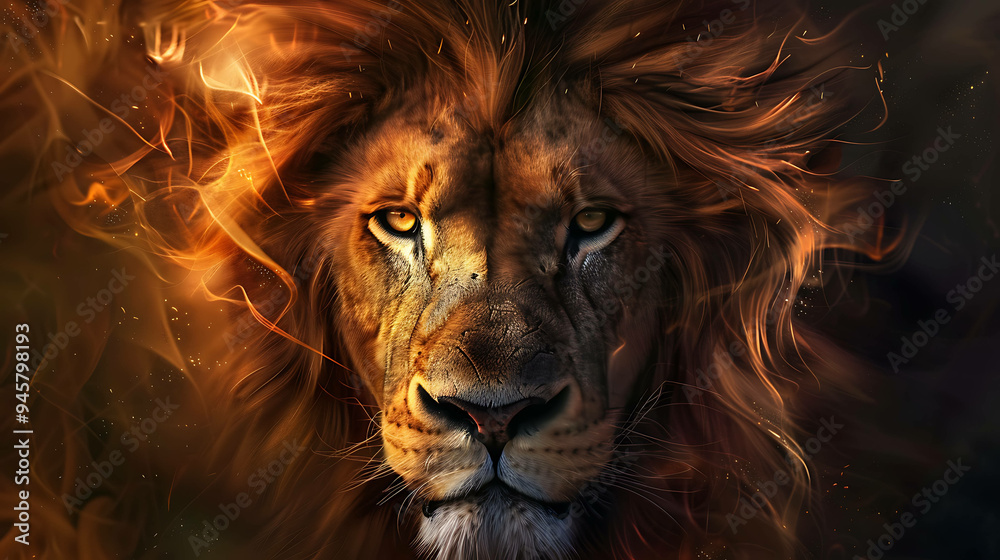 Fototapeta premium A powerful lion with a fiery mane stares intensely at the camera.