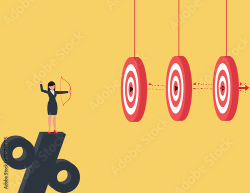 Business advantage or efficiency to success and achieve many targets with small effort. Smart businesswoman archery hit multiple bullseye with single arrow
