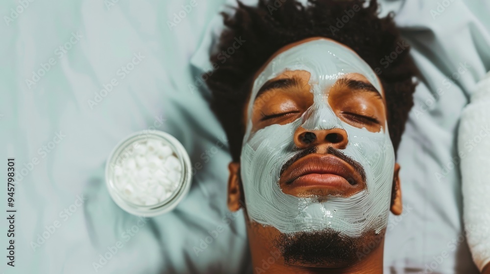 Fototapeta premium A man relaxes with his eyes closed and a green face mask applied, surrounded by a calming spa atmosphere.