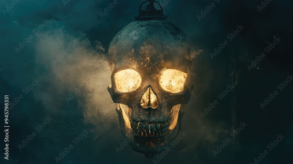 Glowing Human Skull Hanging in Smoke Glowing Human Skull Hanging in Smoke