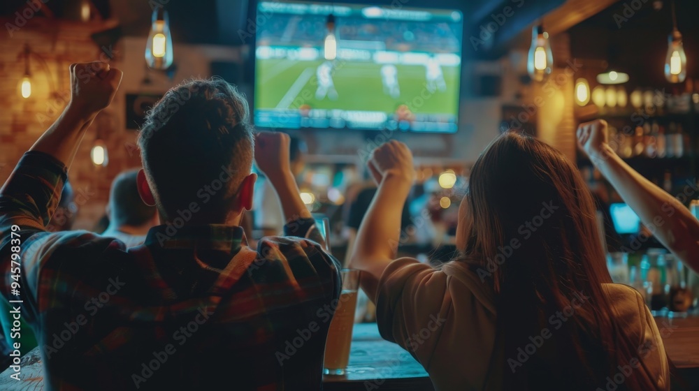 A group of friends watch a football game on a big screen TV at a bar. They are cheering and celebrating as their team scores a goal. This image symbolizes excitement, camaraderie, sportsmanship, and t A group of friends watch a football game on a big screen TV at a bar. They are cheering and celebrating as their team scores a goal. This image symbolizes excitement, camaraderie, sportsmanship, and t