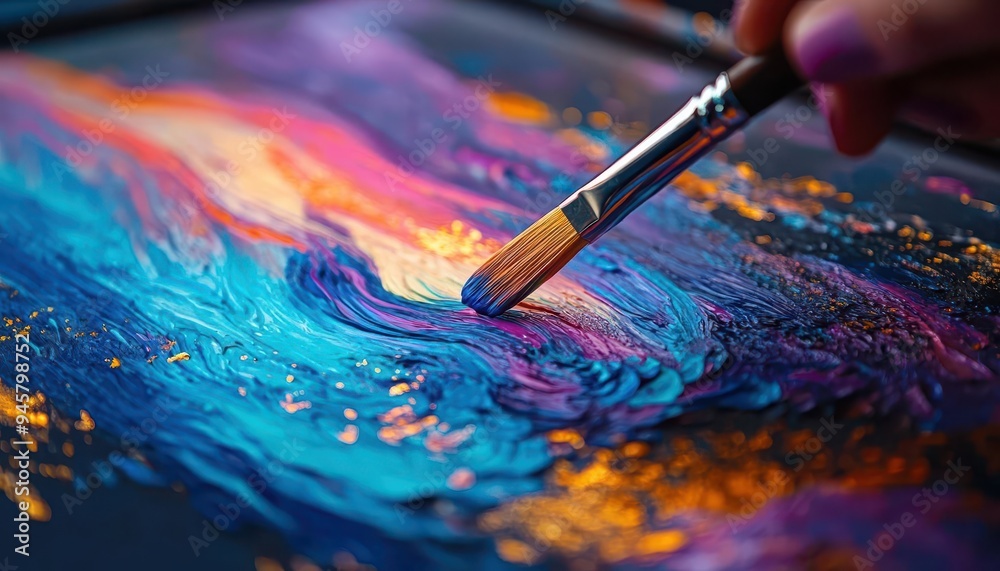 Fototapeta premium Artist with a paintbrush, creating a digital masterpiece on a holographic canvas, abstract, vibrant colors