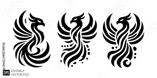 set of phoenix tribal tattoo graphic design vector clip art black and white silhouette templates