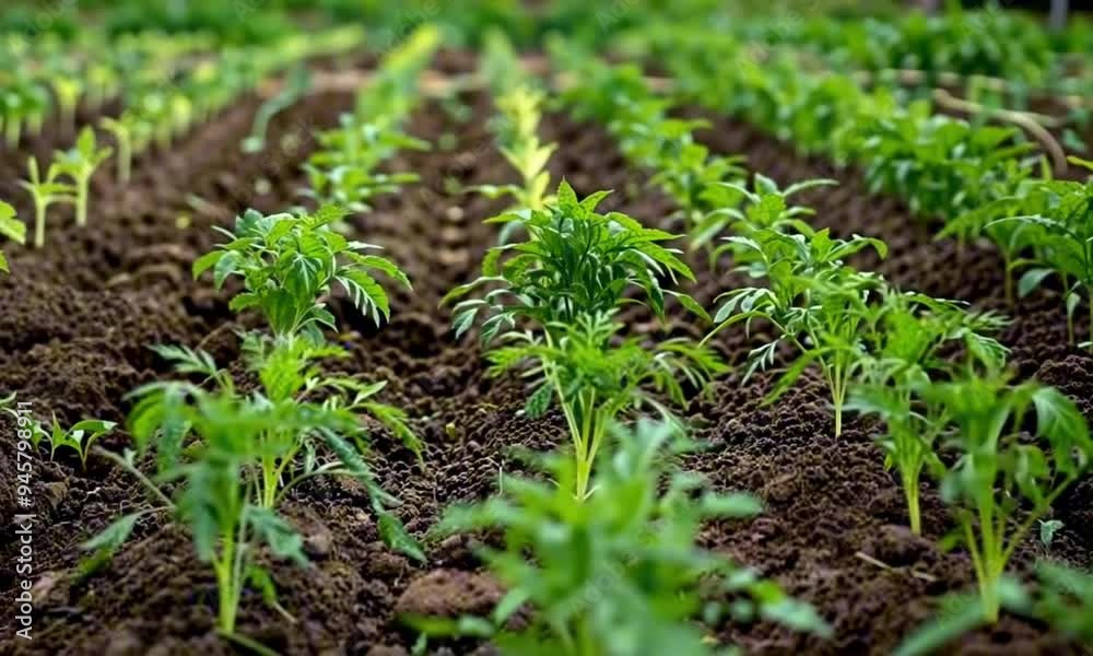 Young green corn seedlings growing in neat rows on rich farmland with copy space Young green corn seedlings growing in neat rows on rich farmland with copy space