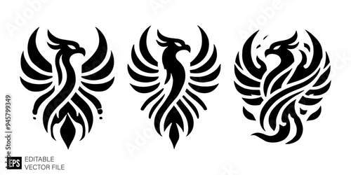 set of phoenix tribal tattoo graphic design vector clip art black and white silhouette templates