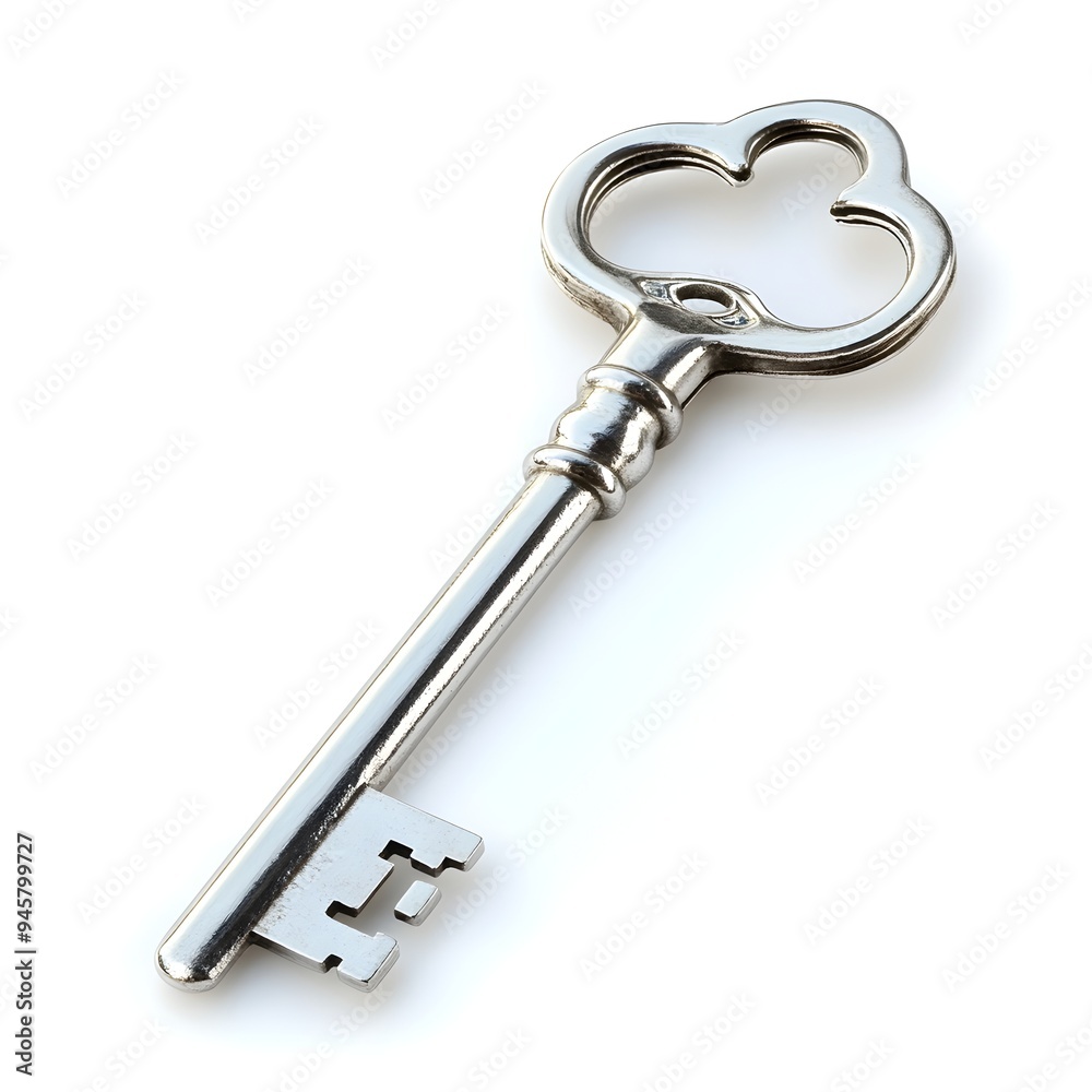 Elegant Single Silver Metal Key on Plain White Background Elegant Single Silver Metal Key on Plain White Background