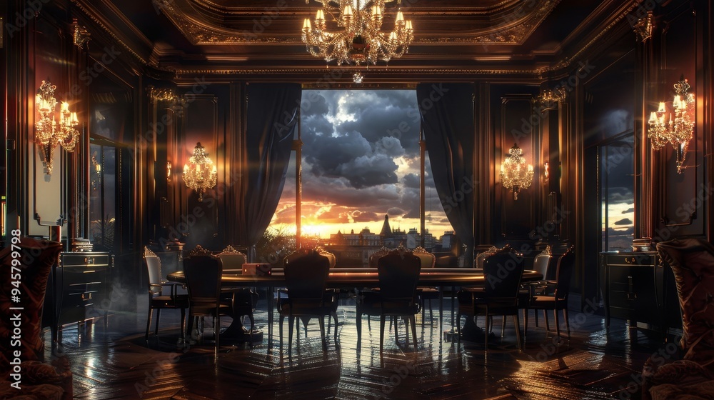 A lavish dining room adorned with opulent gold accents and dark wood, featuring a grand window overlooking a breathtaking cityscape at sunset, symbolizing wealth, sophistication, and a sense of grande A lavish dining room adorned with opulent gold accents and dark wood, featuring a grand window overlooking a breathtaking cityscape at sunset, symbolizing wealth, sophistication, and a sense of grande