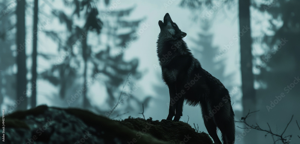 A lone wolf stands on a rocky outcrop, howling at the moon in a misty ...
