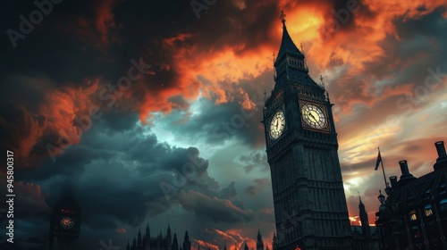 A majestic shot of Big Ben, the iconic clock tower in London, standing tall against a breathtaking sunset sky. The clouds are a vibrant mix of orange and red, creating a dramatic backdrop for the famo photo